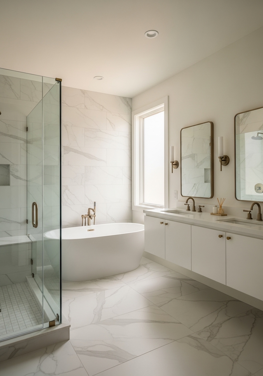Finished master bathroom renovation with soaking tub, arched windows, marble tile, and double vanity — AK Renovations Summit County Ohio