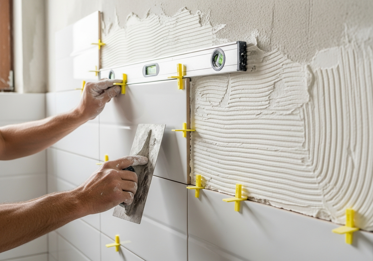Large-format bathroom tile being set — tile spacers and level visible, AK Renovations job site