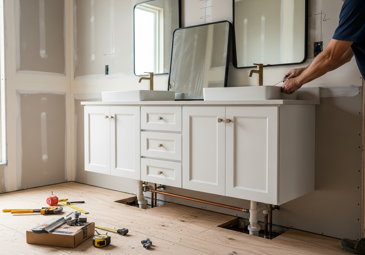 Double white shaker vanity with brushed gold faucets being installed — AK Renovations bathroom project