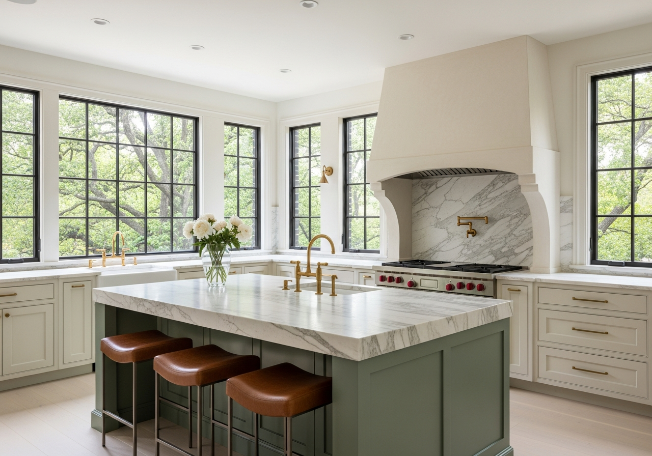 Sage green kitchen island with Calacatta marble countertop, brass hardware, custom arched range hood, and black steel casement windows in Bath Township Ohio home