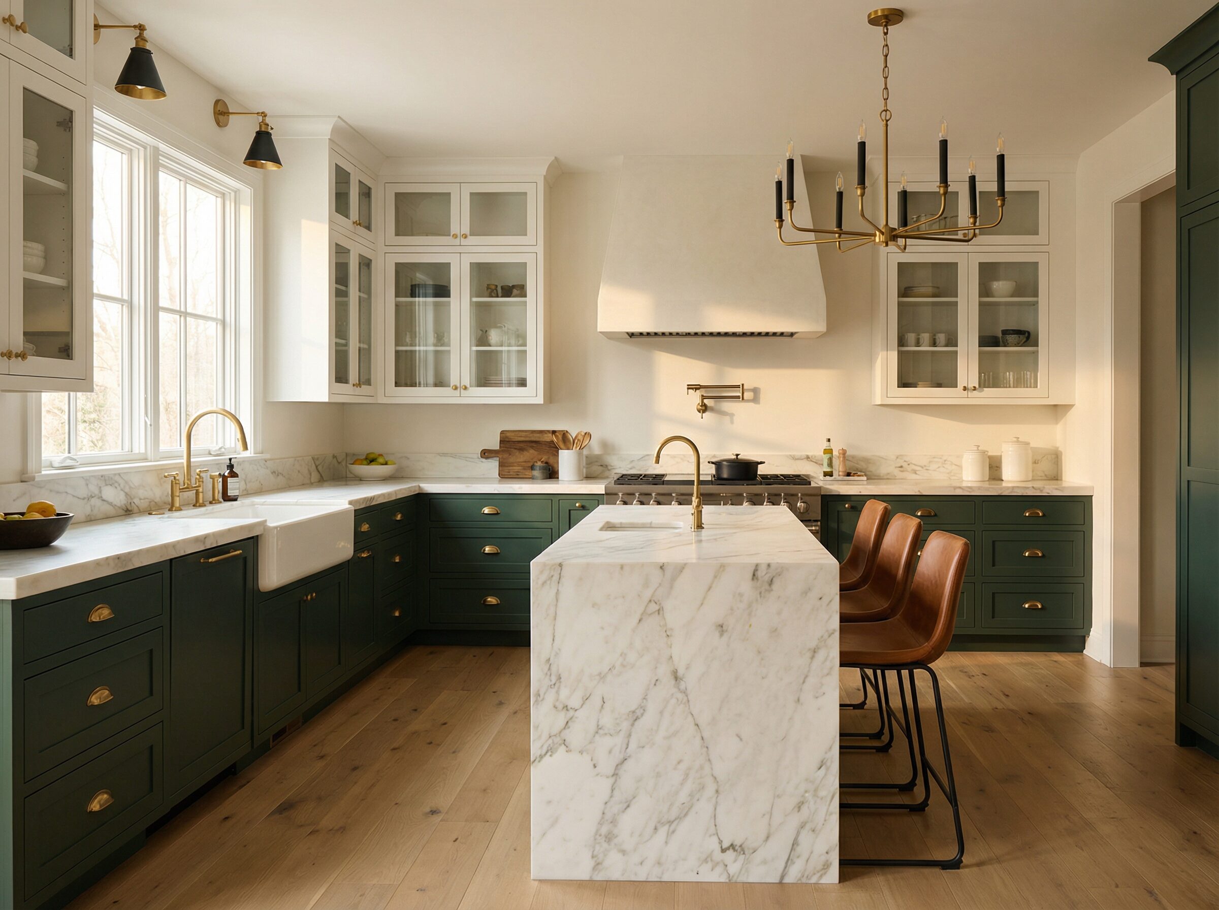 Kitchen remodel with green and white kitchen with Calacatta marble island, brass hardware and statement chandelier in Copley Ohio