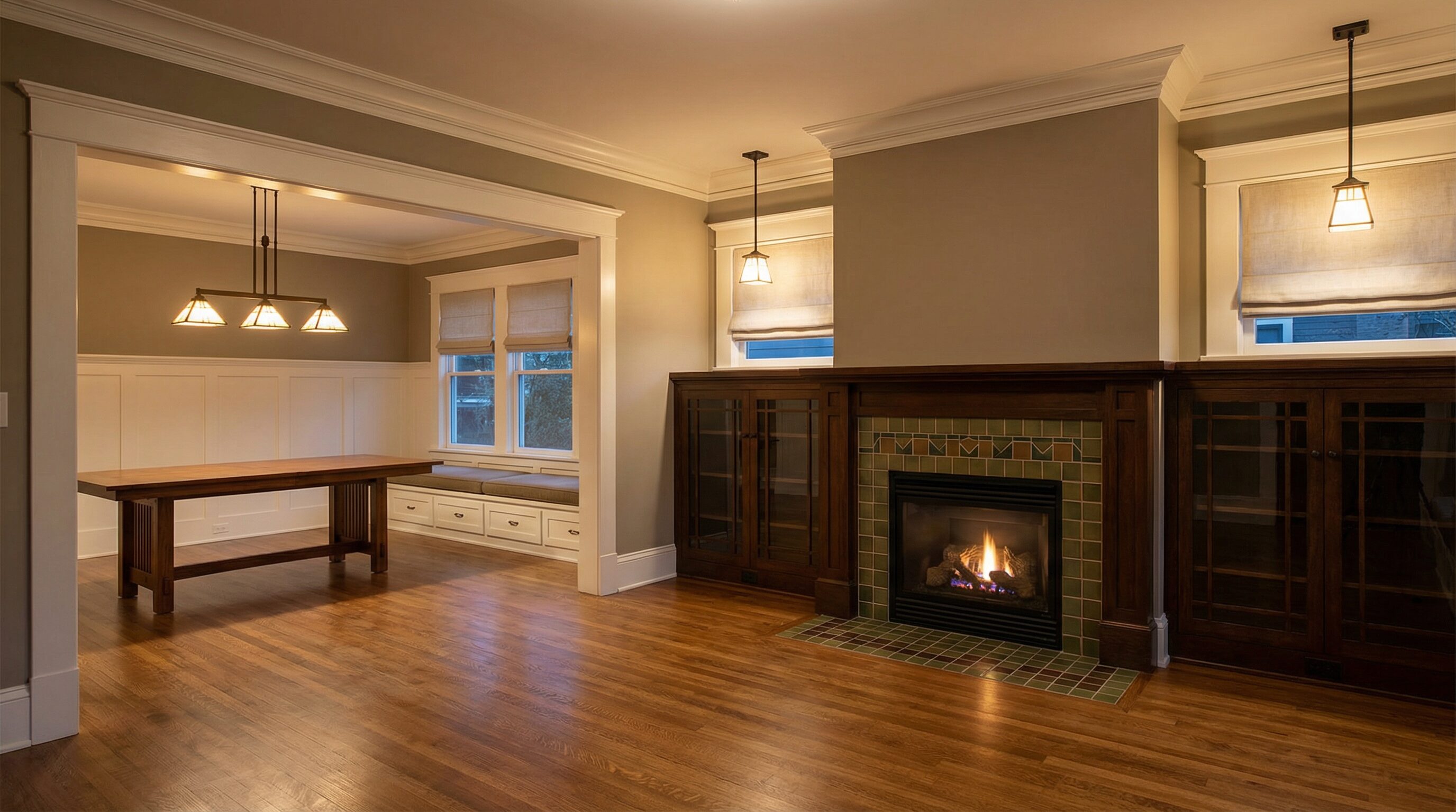 craftsman first floor with built-in bookcases, craftsman tile fireplace, wainscoting and refinished oak floors in Cuyahoga Falls Ohio