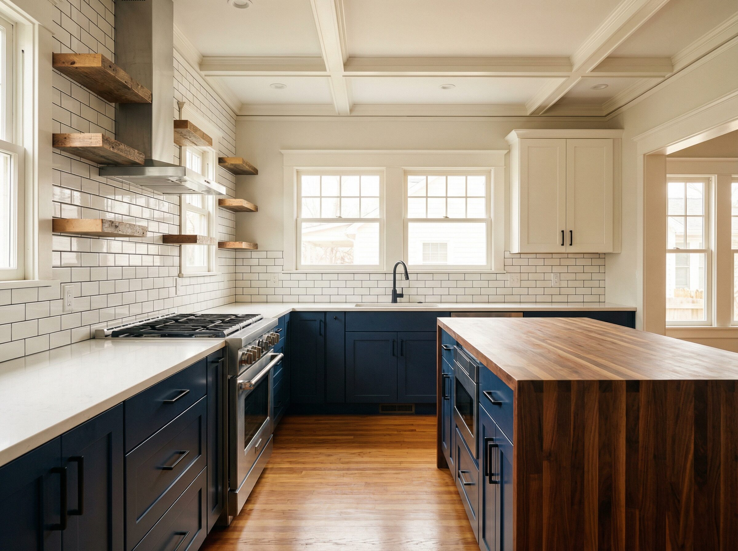 Kitchen remodel with navy shaker kitchen with butcher block island, subway tile backsplash and open shelving in Cuyahoga Falls Ohio craftsman home