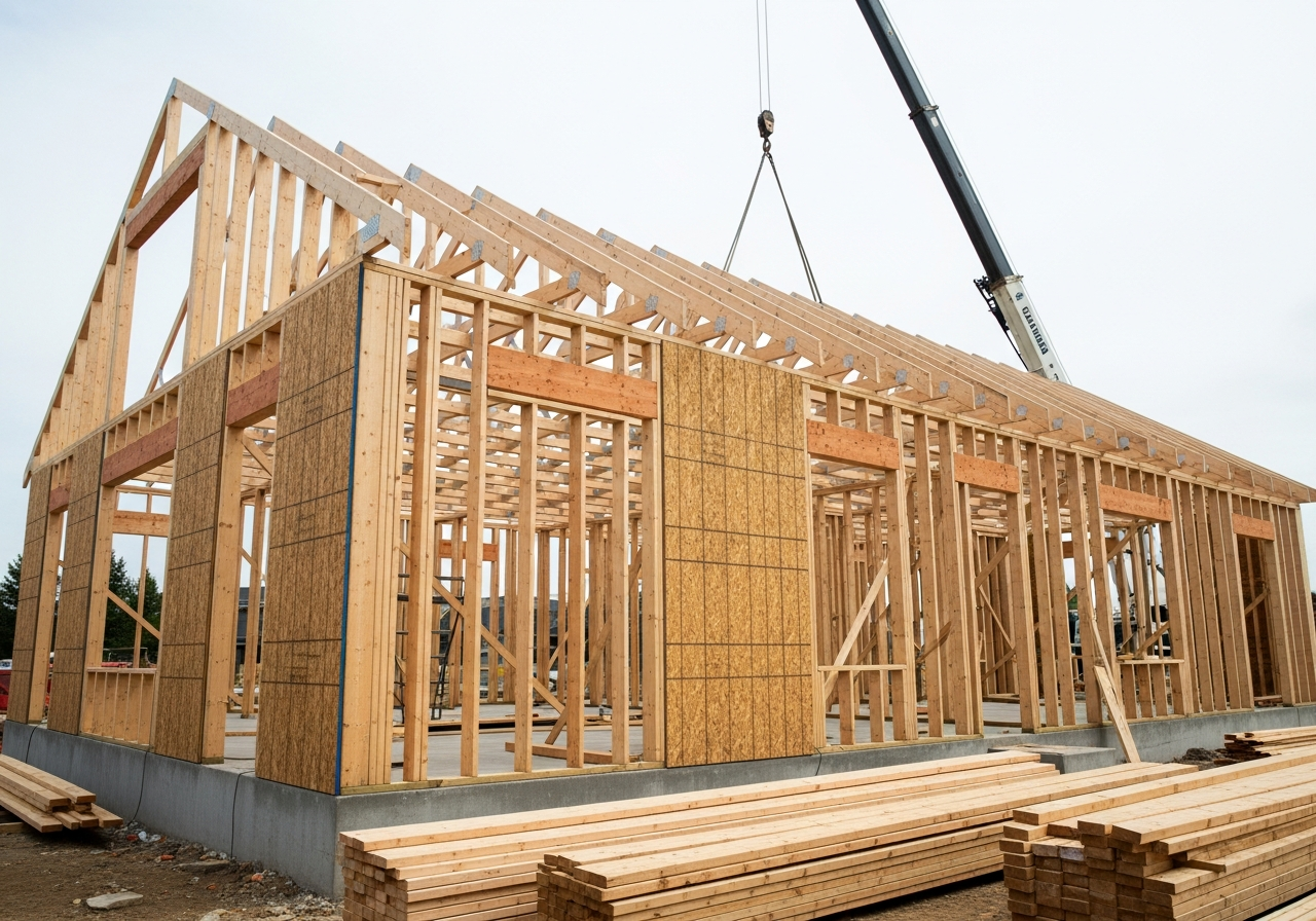 Wood framing for home addition in progress — roof trusses and OSB sheathing, AK Renovations job site
