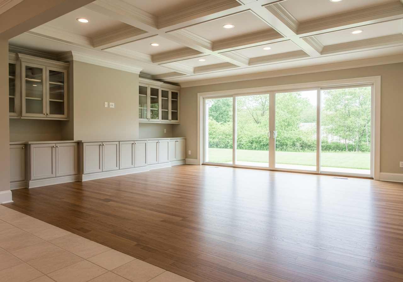 Finished interior of new family room addition — coffered ceiling, sliding glass door, hardwood floors — AK Renovations Ohio