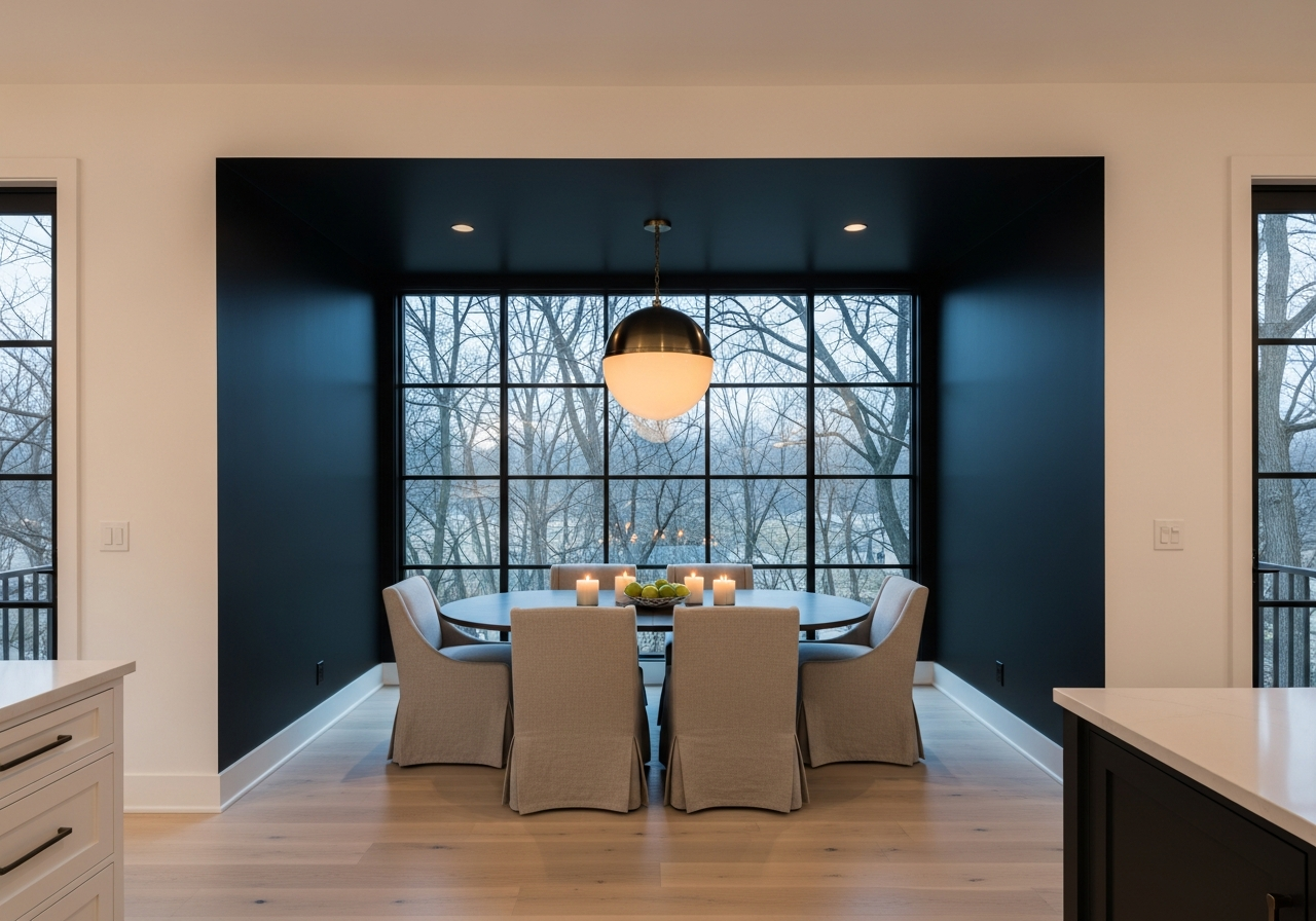 Sunroom dining addition with black steel frame windows, dark painted ceiling and light oak floors, Hudson Ohio