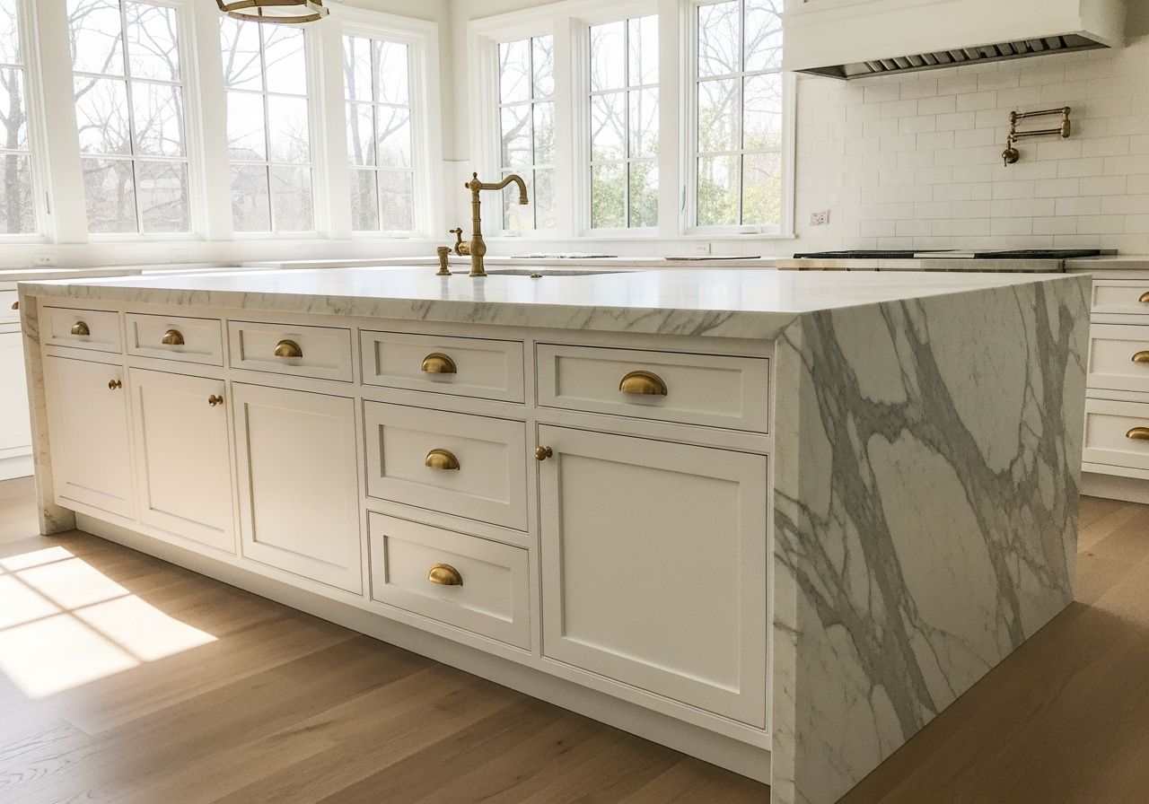 Kitchen island installation in progress — brass hardware and Calacatta marble, AK Renovations Ohio