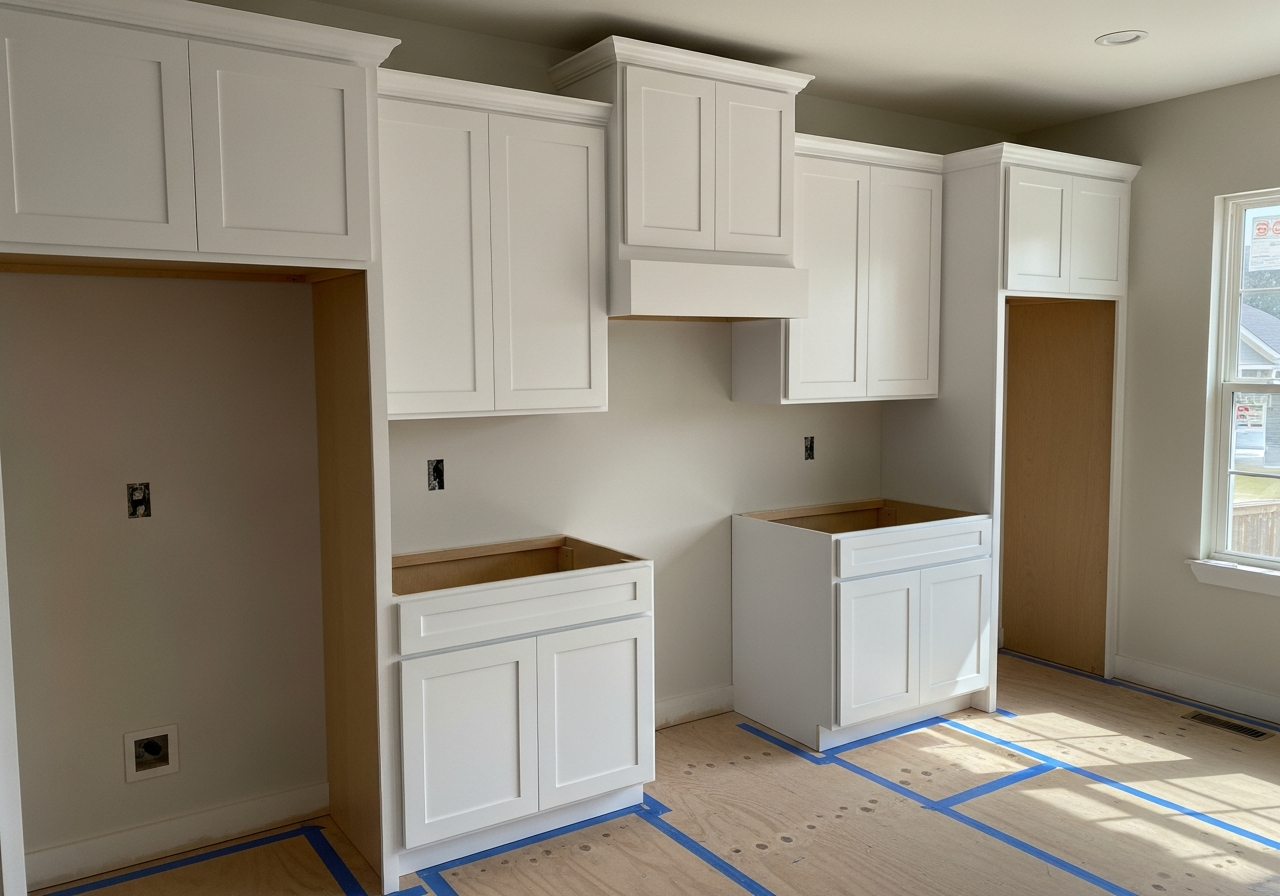 White shaker kitchen cabinets installed before countertops — AK Renovations job site photo