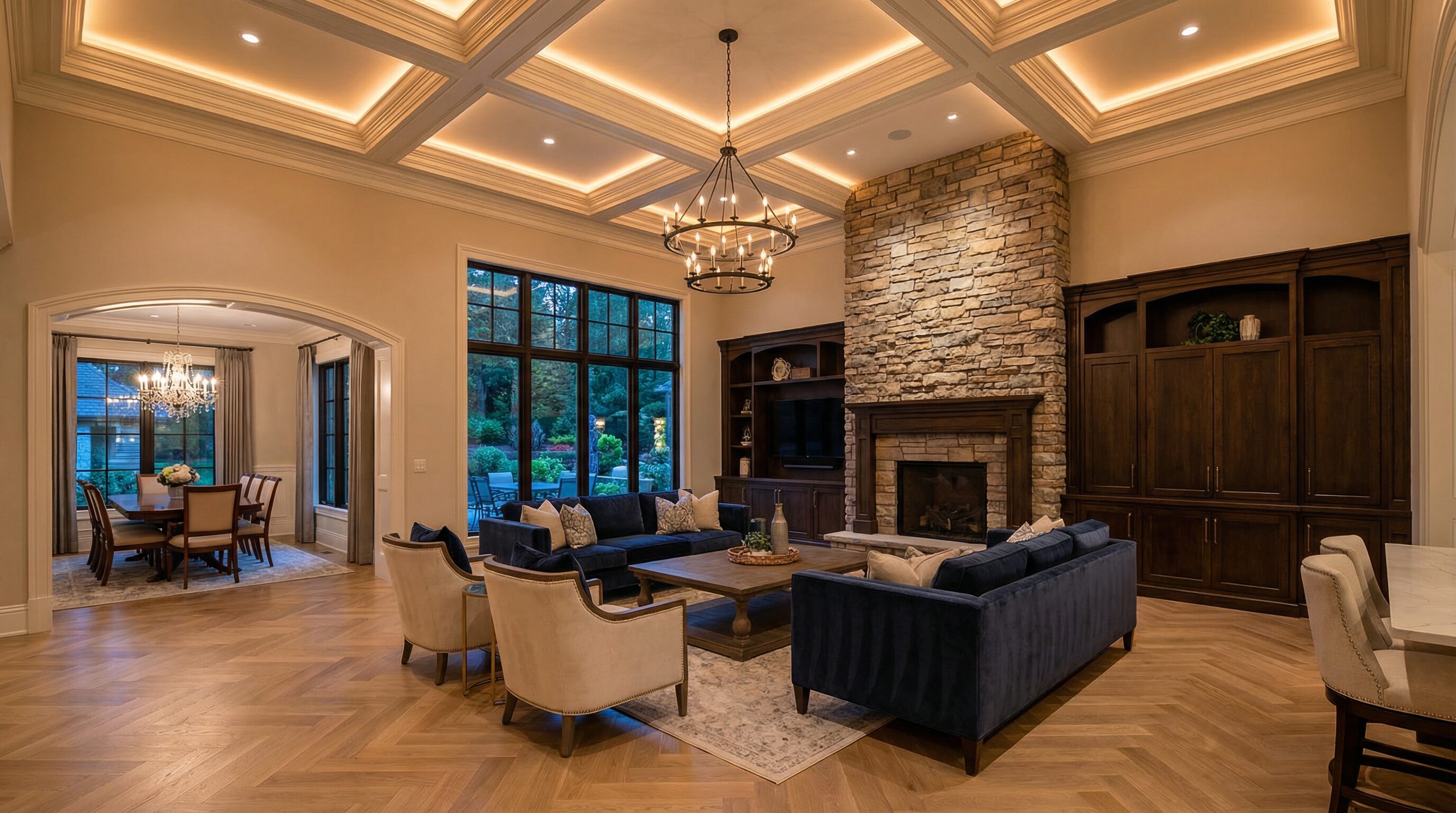 Open concept first floor transformation with coffered ceiling, stone fireplace, built-ins, and open kitchen in Richfield Ohio