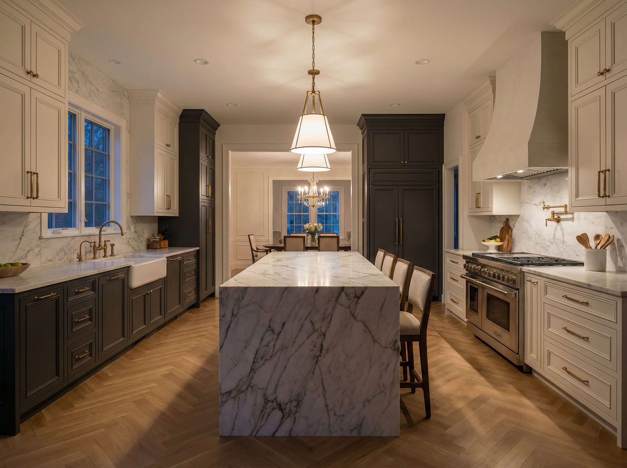 Kitchen remodel with custom cabinetry, quartz waterfall island, farmhouse sink, and quality hardware in Richfield Ohio