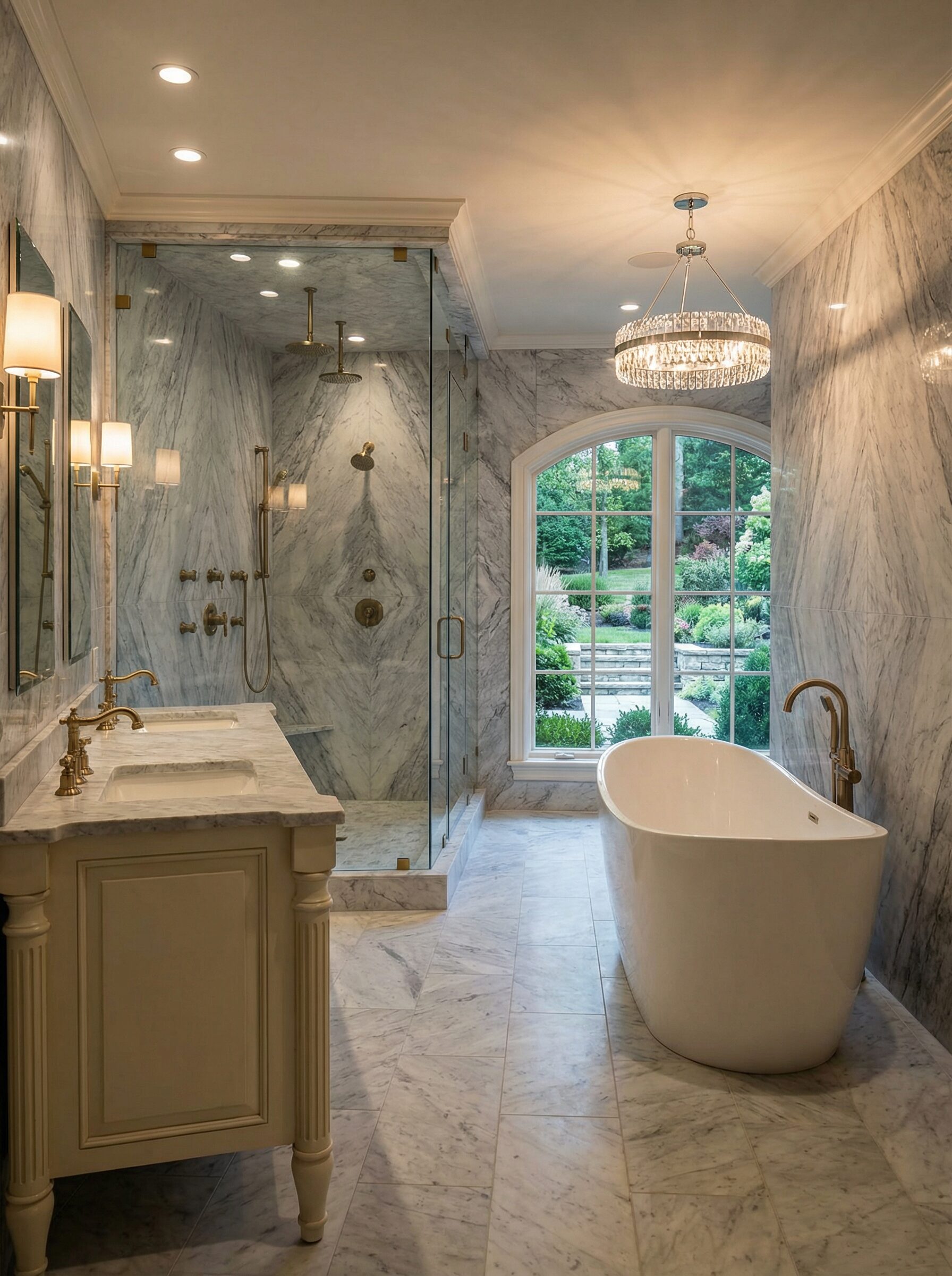 Master bathroom renovation with freestanding soaking tub, marble herringbone floors, frameless glass shower, and warm fixtures in Richfield Ohio home