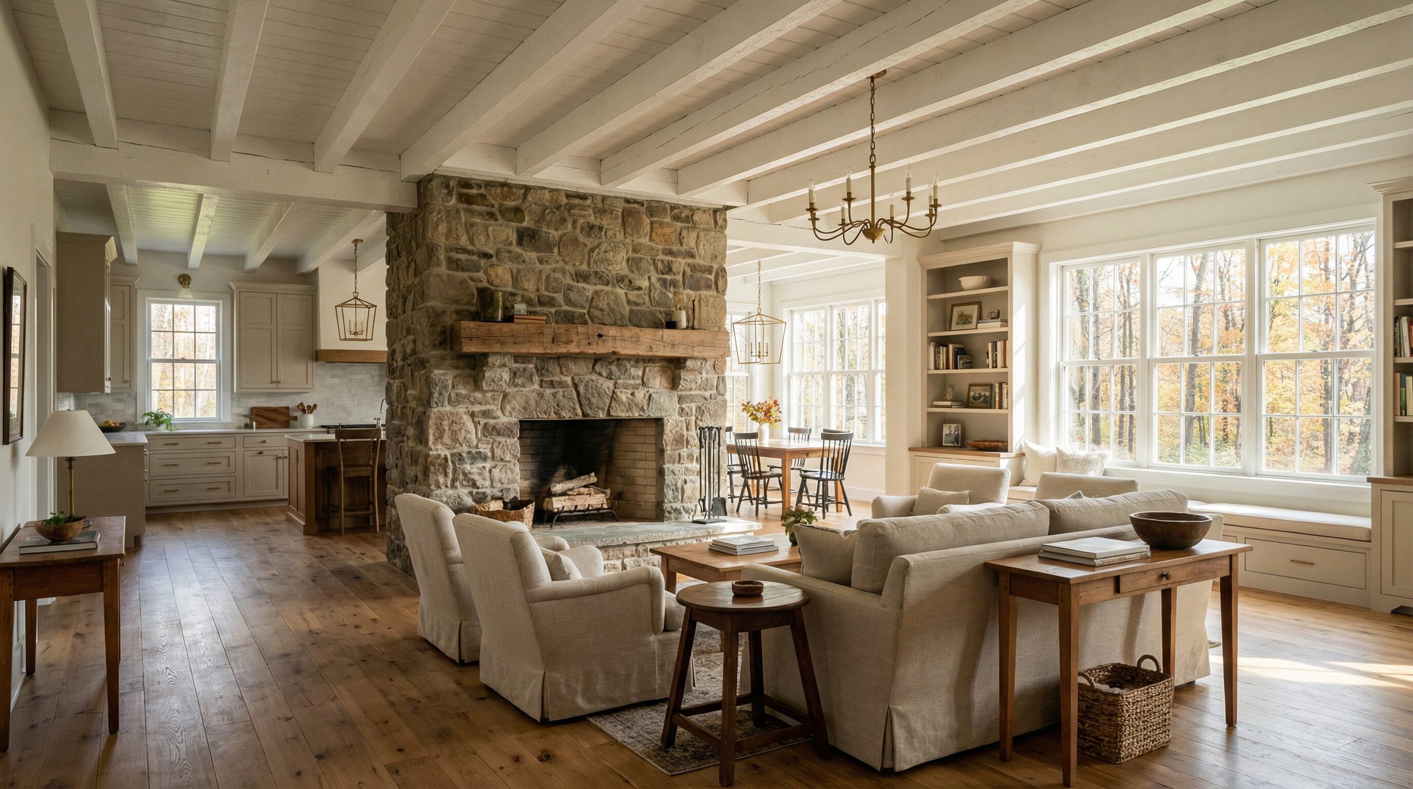 farmhouse first floor with exposed white beams, stone fireplace, wide plank floors and windows overlooking autumn woodland in Peninsula Ohio