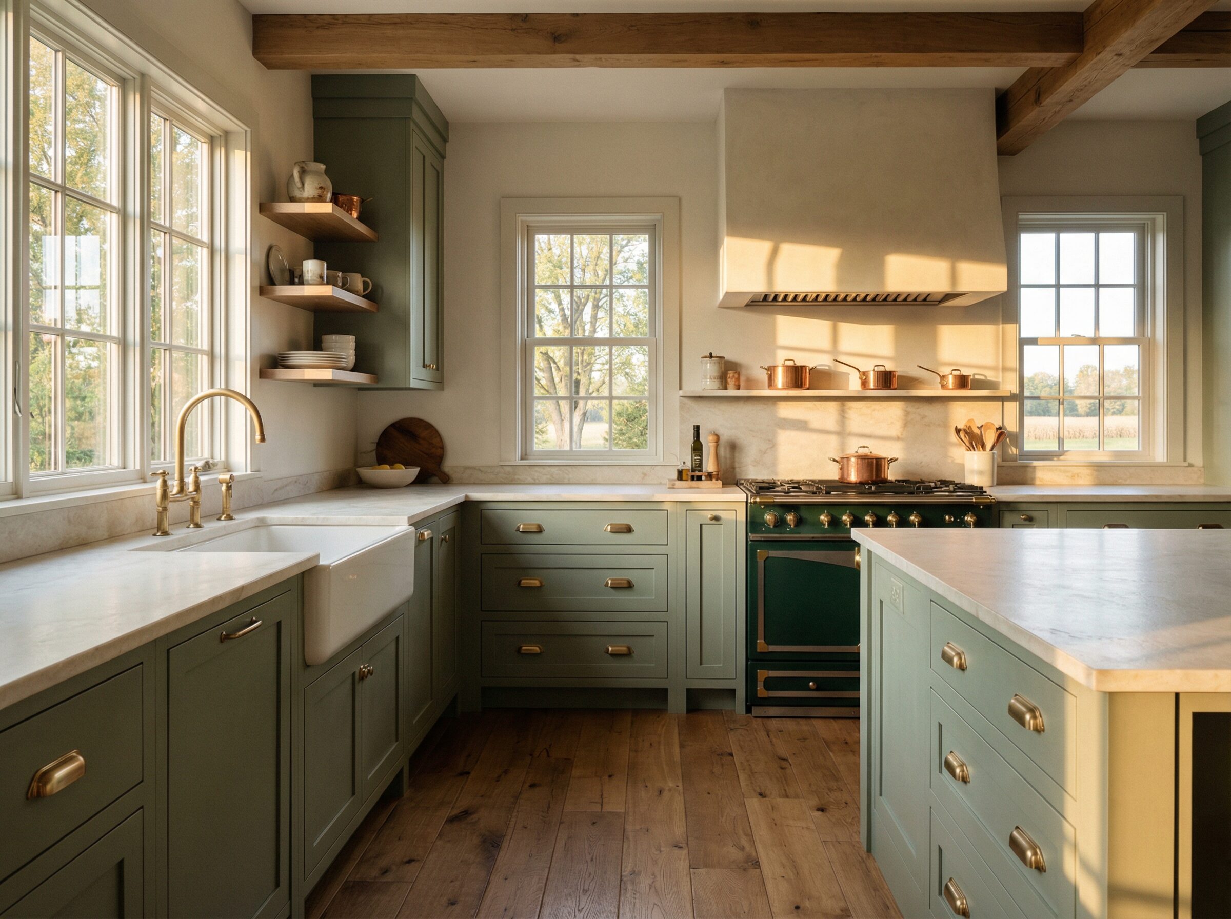 Kitchen remodel with sage green farmhouse kitchen with brass hardware, quartzite countertops, farmhouse sink and exposed beams in Peninsula Ohio