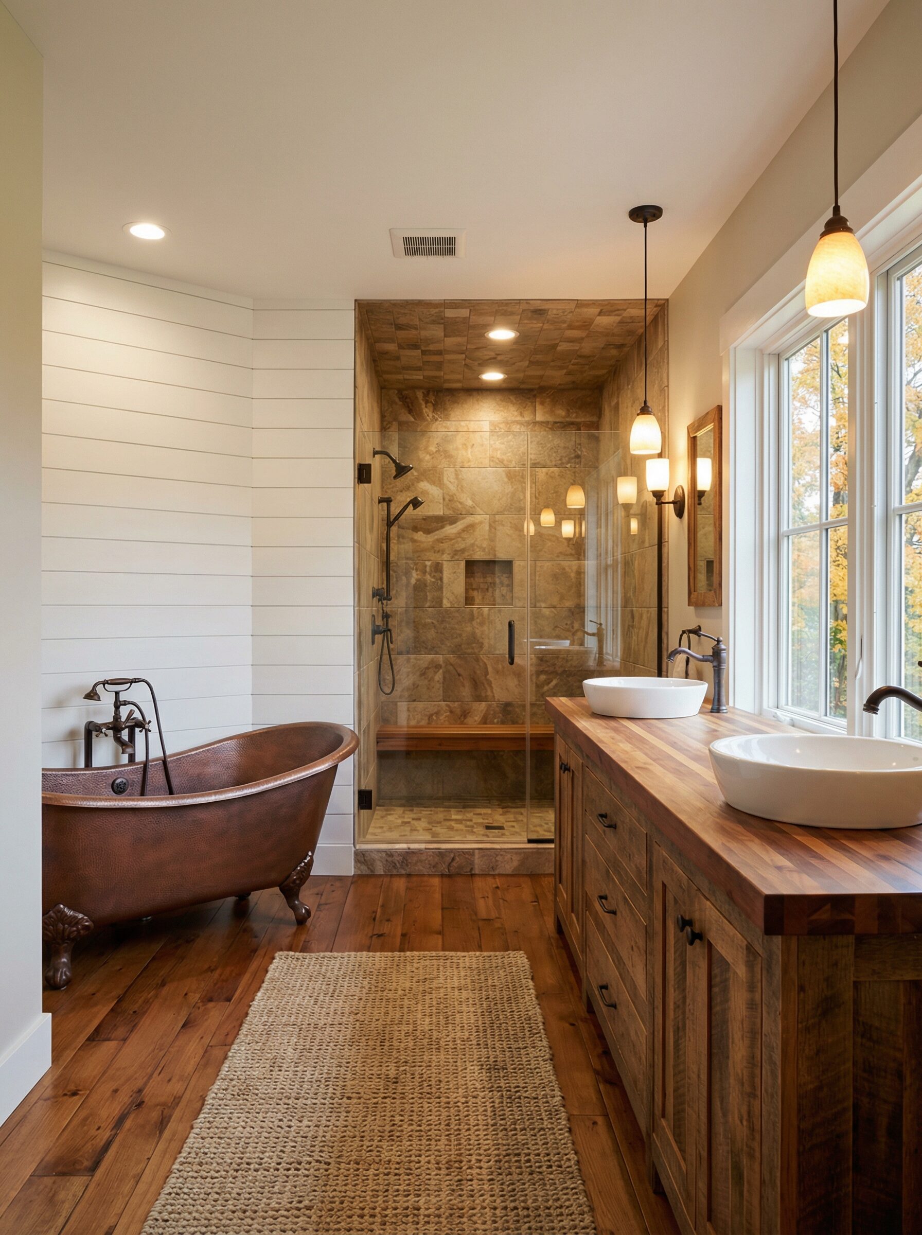 Master bathroom renovation with rustic farmhouse master bathroom with copper clawfoot tub, stone shower, reclaimed wood vanity and autumn tree views in Peninsula Ohio