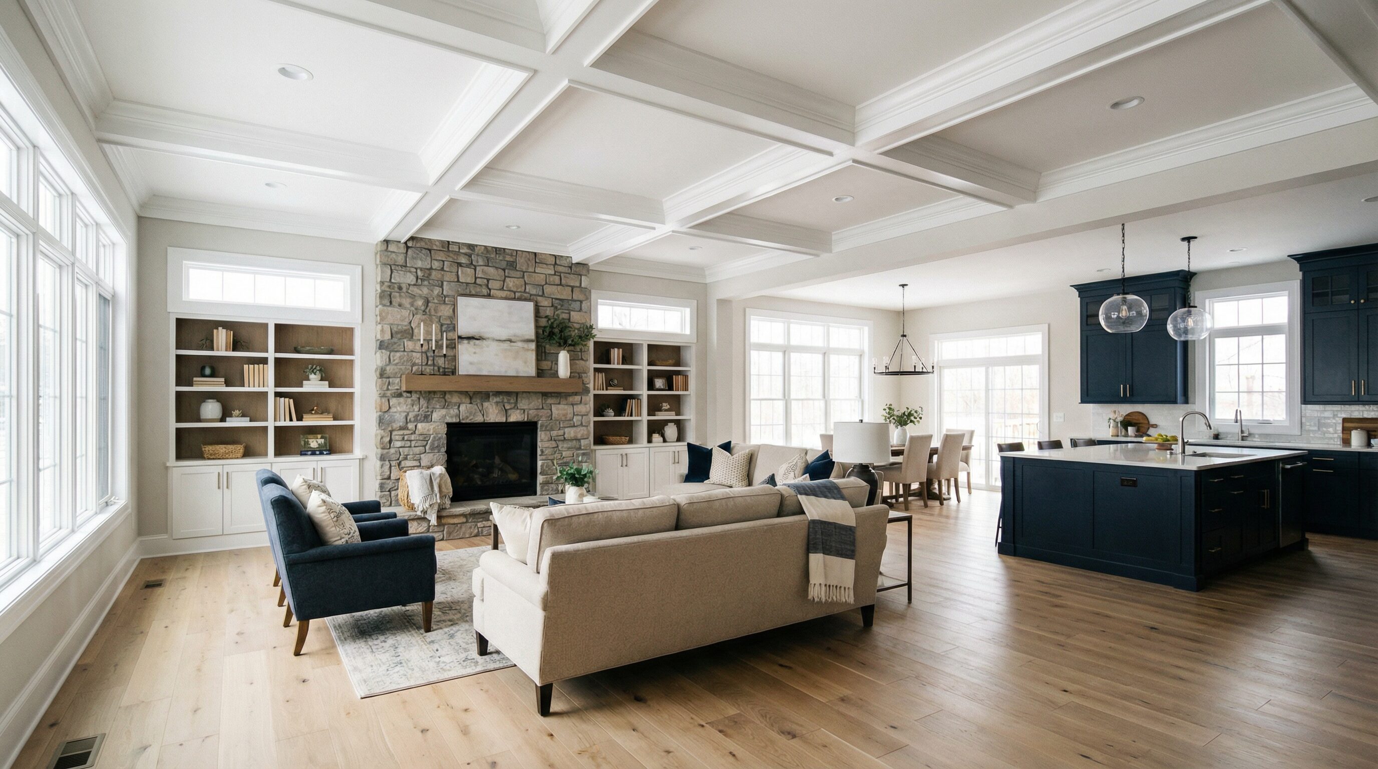 Open concept first floor transformation with coffered ceiling, stone fireplace and wide plank floors in Stow Ohio home