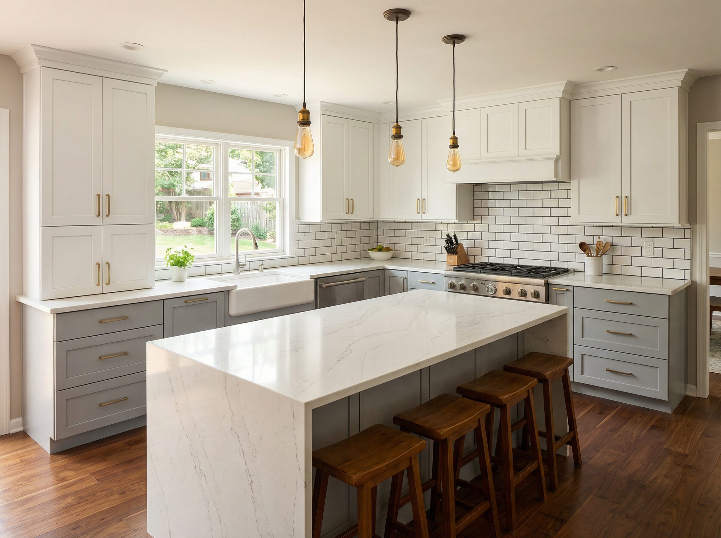 Kitchen remodel with two-tone shaker cabinets, quartz island, pendant lighting and hardwood floors in Stow Ohio