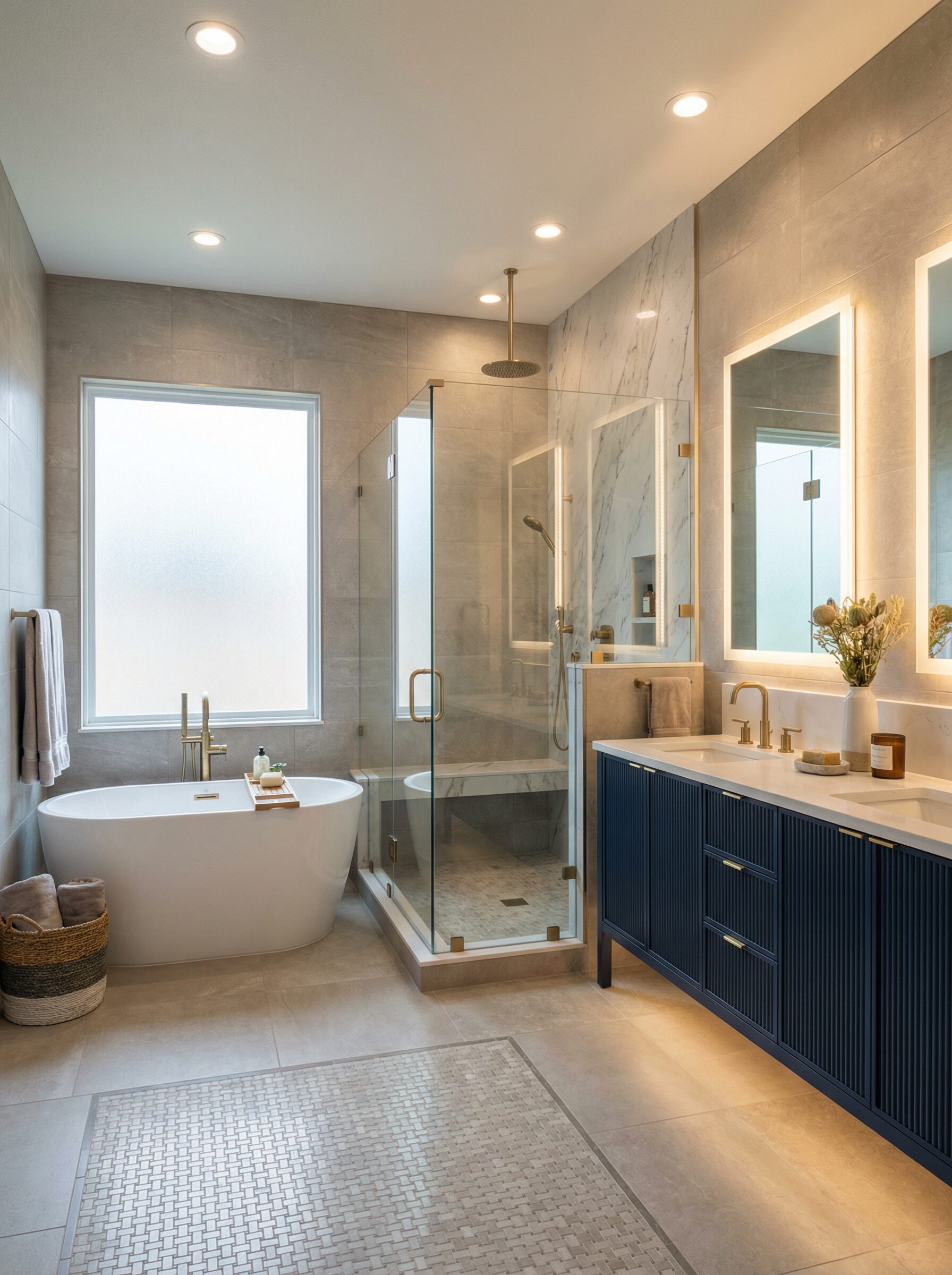 Master bathroom renovation with freestanding soaking tub, frameless glass shower, navy vanity and brushed gold fixtures in Stow Ohio home