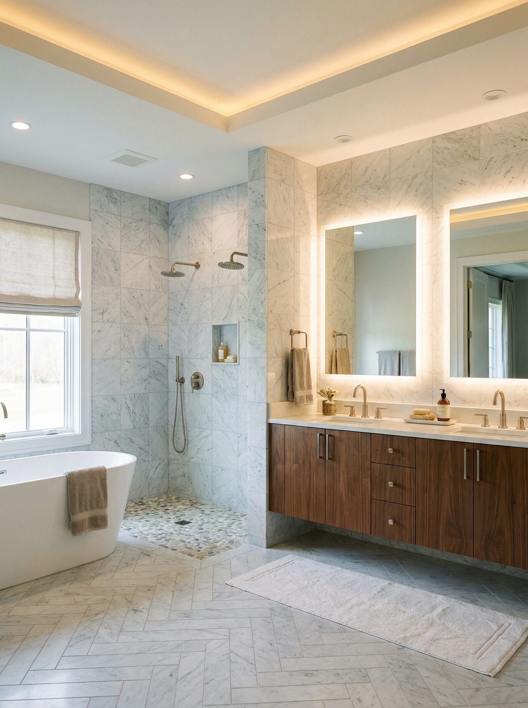 Completed master bathroom with walk-in shower, soaking tub, and double vanity — Summit County, Ohio