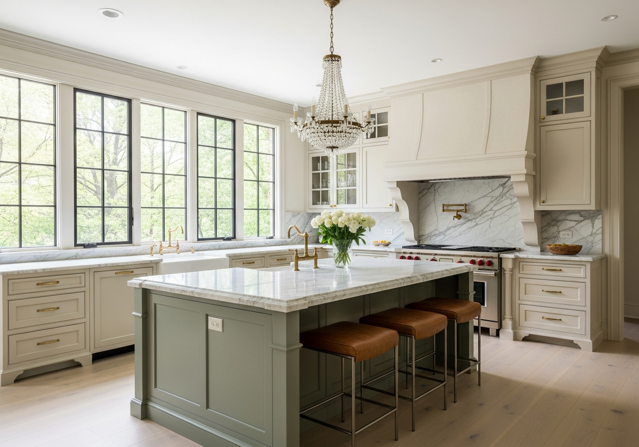 Finished kitchen renovation with white cabinets, subway tile backsplash, farmhouse sink, and pendant lights — Summit County Ohio